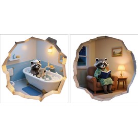 Cute 3D Raccoon Hole Home Life Wall Decals, Large Funny Procyon Lotor Reading Wall Sticker for Kids Room, Fun Christmas Gift,Classroom,Pack 4 Removable Cartoon Animal for Nursery Home 11.8 * 23.6IN