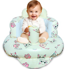WEMORA Inflatable Baby Seat for Babies 3-36 Months Built-in Air Pump Toddler Floor Seat with Back Support for Sitting Up Portable Blow Up Baby Chair for Feeding Shower and Playtime (Cat)