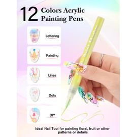 EBANKU 12 Colors Nail Art Pens Acrylic Paint Marker, Nail Polish Pens Quick Drying 0.7MM 3D Acrylic Paint Pens Clear Handle Nail Point Liner Drawing Painting Dotting Tool for Nail Art Design(Set B)