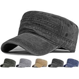 Initlove Cadet Army Cap for Men Unisex Washed Military Flat Top Hat Black
