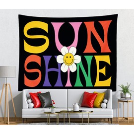 Loccor Retro Groovy Tapestry 70X45 Inch Colorful Sunshine Trippy Smiley Face Daisy Flower on Black Wall Hanging Tapestry Vintage 70s Hippie Wall Art for Bedroom Living Room College Dorm Home Decor