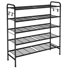 VILICK 5 Tier Shoe Rack 33" Wide Metal Shoe Organizer Long Shoe Storage with 4 Side Hooks Sturdy Shoes Shelf for Closet, Front Door Entrance, Garage, Dorm, Black