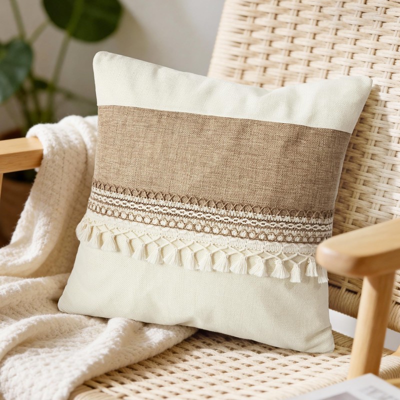 QoBexim Boho Patchwork Linen Pillow Covers with Tassles 18x18 Set