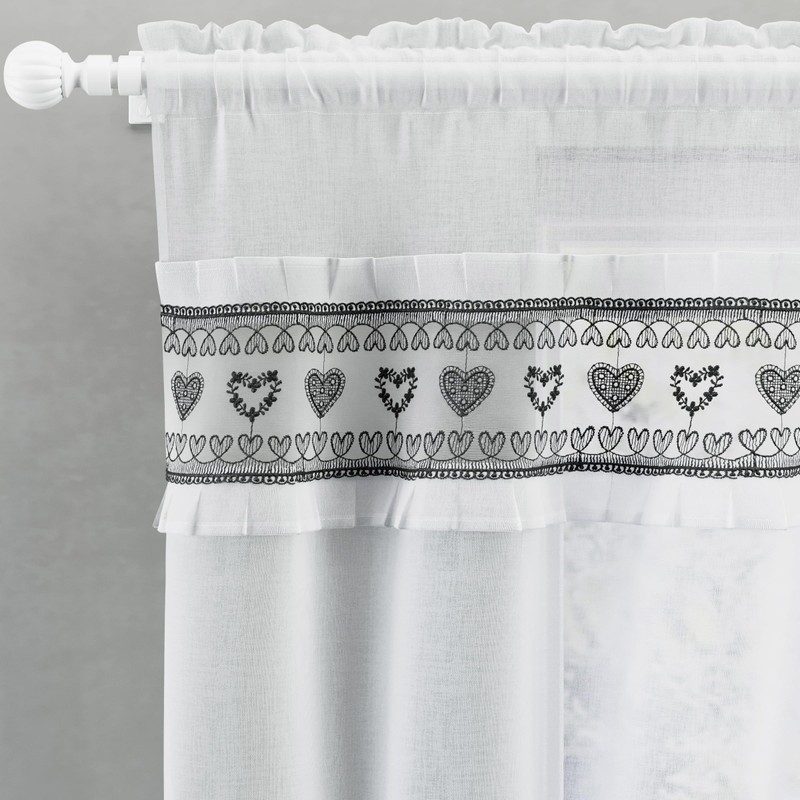 Tyrone Textiles Lucy Embroidered Heart Black Kitchen Window Set Curtain