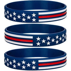Sainstone 12-Pack Power of Faith Thin Red Line Silicone Bracelets with American Flag Blue, Wholesale Bulk Wristbands Gifts, Party Favors and Supplies for Men Women, Patriots, Army, Teens (Adult 8")
