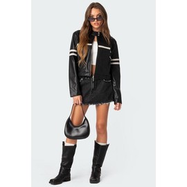 Rockstar Oversized Faux Leather Jacket - Color: BLACK AND WHITE, Size: S