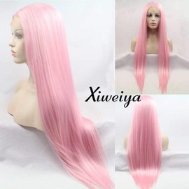 Xiweiya Long pink straight wig Synthetic Lace Front Wigs With Heat Resistant Fiber Pink, Mix color pink color soft wig for women, drag queen silky straight hair replacement wig 24 inch
