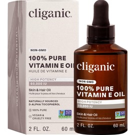 Cliganic Pure Vitamin E Oil for Skin, Scars, Hair & Face - 60,000 IU, Non-GMO Verified | Natural D-Alpha Tocopherol