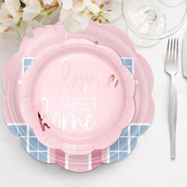 LeZakaa 50Pcs Housewarming Party Paper Plates Sets - Sweet House Design Disposable Pink Party Plates Decorative Tableware Supplies for Welcome New Home Wedding Decoration - 7 Inch & 9 Inch