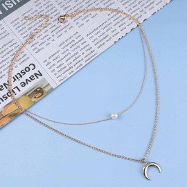 Cimenexe Bohemian Layered Moon Pendant Necklace Vintage Pearl Choker Necklace Crescent Moon Choker Necklace Pearl Necklace Choker Jewellery for Women and Girls Gifts