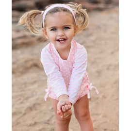 RuffleButts Baby Girls UPF 50+ Sun Protection Polka Dot Long Sleeve One Piece Rash Guard Swimsuit with Zipper - Pink Polka, 6-12m