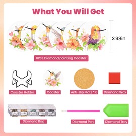 UMOART 6 Pcs Diamond Painting Coasters Hummingbirds with Holder, DIY Diamond Art Coasters for Adults, Coasters Birds Diamond Painting Coaster Kits for Adults Beginners, Coffe Coasters Drink Coasters