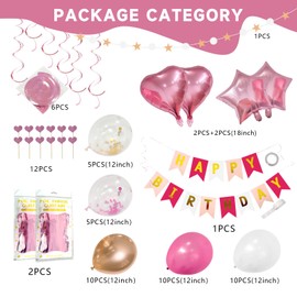 Pink Happy Birthday Decorations Set with Happy Birthday Banner and Confetti Balloons,Glitter Fringe Curtains,Star and Heart Birthday Balloons，Hanging Swirls for Women Party Supplies