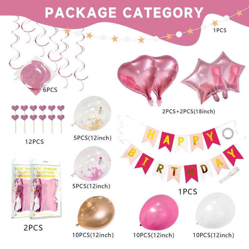 Pink Happy Birthday Decorations Set with Happy Birthday Banner and