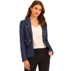 Allegra K Women's Elegant Plaid Jacket Long Sleeve Open Front Tweed Blazer X-Small Dark Blue