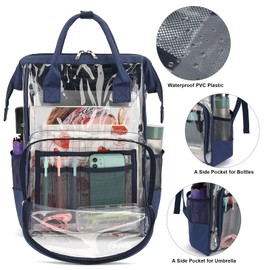 Yusudan Heavy Duty Clear Backpack for Men Women, School Bag Bookbag PVC Plastic Transparent Backpacks for Boys Girls (Navy Blue)