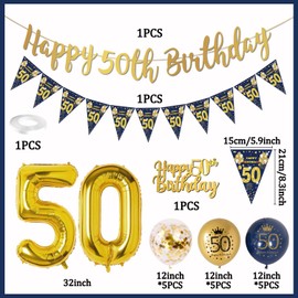 50th Birthday Decorations Men Blue Gold Happy 50th Birthday Banner, 50th Birthday Balloons, Navy Blue Gold Latex Balloons Party Decorations Confetti Balloons for Men 50 Birthday Party Supplies