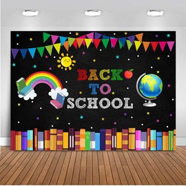 Mocsicka Back to School Backdrop First Day of School Globe Rainbow Books Chalkboard Photo Backdrops Welcome Back to School Party Decorations Banner (7x5ft)