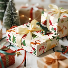 LeZakaa Dinosaur Christmas Wrapping Paper Roll Kids Boys, Cute Dinosaur HO HO HO Festive Design, for Christmas Dinosaur Lovers, Mini Roll 17 in x 16.4 Ft