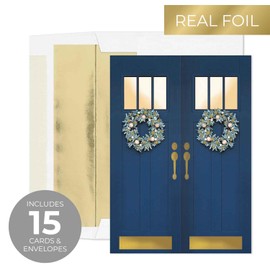 Masterpiece Christmas Wreath Welcome Gold Foil Cards / 15 Boxed Winter Holiday Front Door Card Set With Coordinating Gold Foil Lined Envelopes / 5 5/8" x 7 7/8" Folded Greeting Cards With Inside Verse