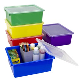 Storex Letter Size Deep Storage Tray – Organizer Bin with Non-Snap Lid for Classroom, Office and Home, Assorted Colors, 5-Pack (62542U05C)