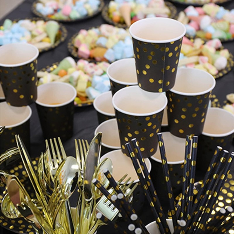 Riverhighfur Pack of 100 Black and Gold Party Paper Cups