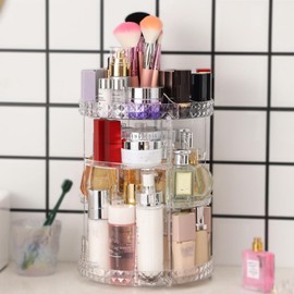 ILWorkTLs 360° Rotating Tabletop Makeup Organizer,Countertop Large Capacity Makeup Organizer,Height Adjustable Makeup Storage Box for Bedroom, Bathroom,Clear