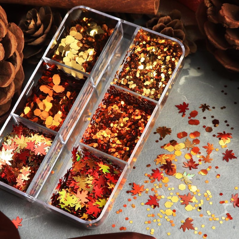 6 Grid Maple Leaf Glitter Nail Charms Autumn Maple Leaves