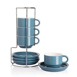 Sweejar Porcelain Espresso Cups with Saucers, 4 Ounce Stackable Cappuccino Cups with Metal Stand for Coffee Drinks, Latte, Tea - Set of 4 (Fog blue)