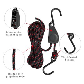 4 Pcs Kayak Rope Tie Downs Straps, 1/4" x 12Ft Adjustable Tie Down Straps Canoe Bow and Stern Tie Down Strap,Heavy Duty Tie Downs Rope Hanger Kayak Accessories(1/4" x12ftx4pcs)