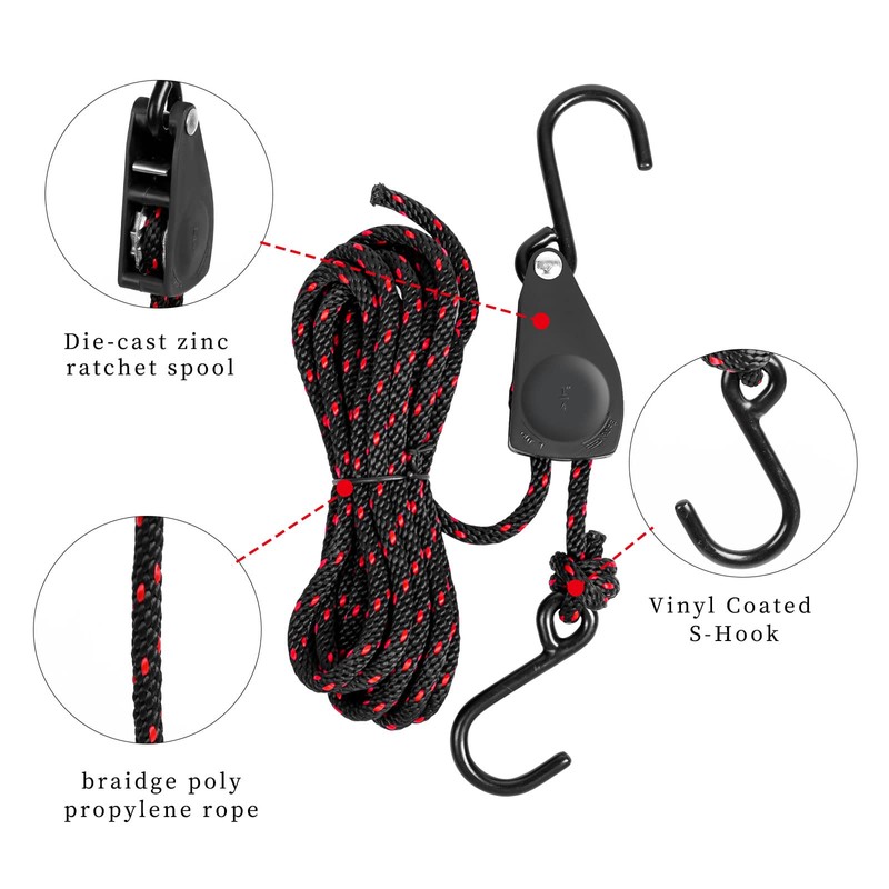 4 Pcs Kayak Rope Tie Downs Straps, 1/4" x 12Ft