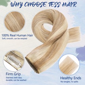 TESS Clip In Hair Extension,Hair Extensions Real Human Hair One Peice 5 Clips Straight Natural Hairpieces for Womens/Girls(#12/613 Golden Brown & Bleach Blonde,18Inch)