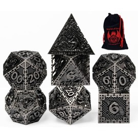 World of Dice - Metal Dice Set - Dragon Siege DND Polyhedral Dice with Dice Bag D20 to D6 for Dungeons and Dragons, DSA, etc. (Silver)