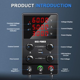 NICE-POWER Adjustable DC Power Supply (0-60V, 0-5A) Variable Switching Regulated High Precision 4-Digits LED Display 5V/2A USB Port Test Lead Output & Input Power Cord Bench Lab Power Supplies