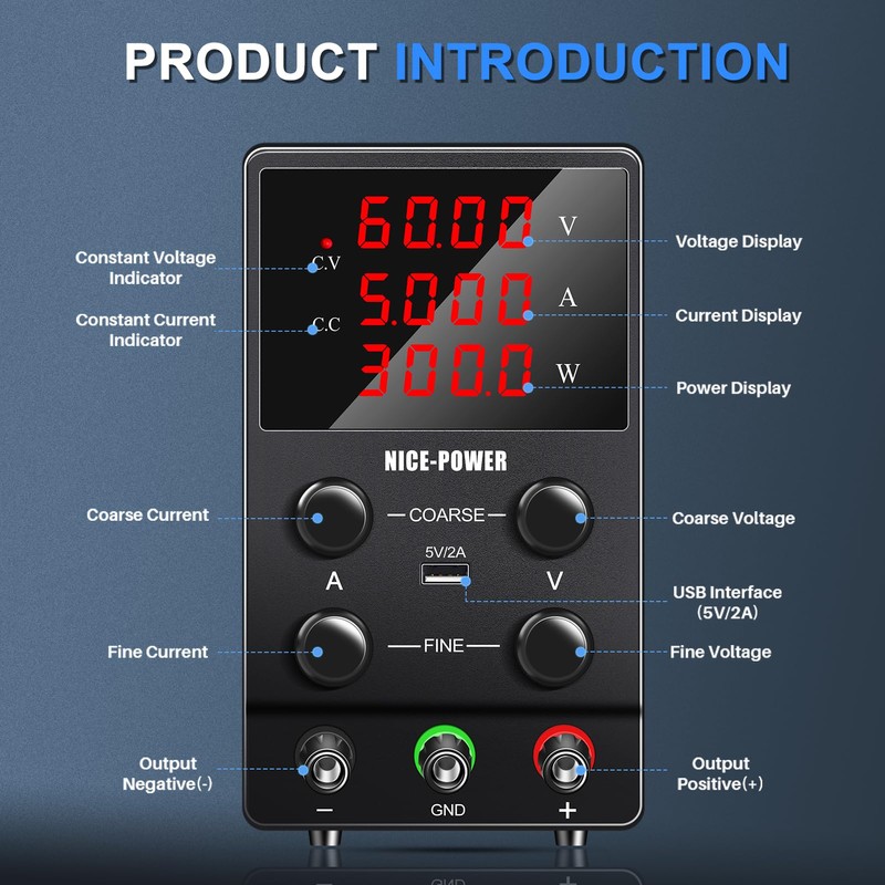 NICE-POWER Adjustable DC Power Supply (0-60V, 0-5A) Variable Switching Regulated