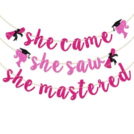 Firefairy She Came She Saw She Mastered Banner, pancarta preencordada con felicidades, ella dominó, lo hiciste, decoraciones de fiesta de graduación para niña, purpurina rosa y negra