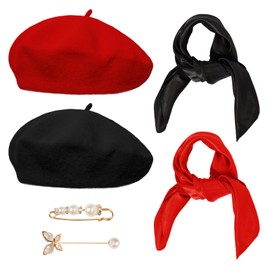 Ngdhkd 6 PCS Beret Hat Solid Color French Beret Cap with Silky Scarf Brooch Pins for Women