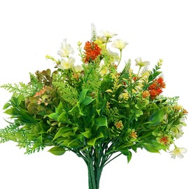 WAKISAKI 9-Bundle Multi-Species Realistic Faux Plants Artificial Flowers for Outdoors Planters, Fake Mums for Outside, UV-Resistant for All Weather (Orange & Yellow, 9)