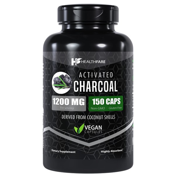 Healthfare Activated Charcoal Capsules 1200mg | 150 Capsules | Derived from Coconut Shells | Highly Absorbent | Non-GMO | Made in The USA
