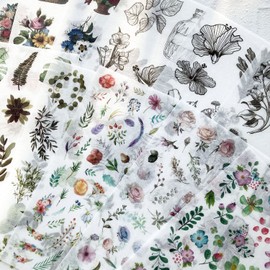 Vintage Rose Bouquet Sticker Botanical Leaf Black Ink Line Branch Watercolor Flowers Feather Decorative Retro Decal Self-Adhesive Aesthetic Stickers for Scrapbooking Planner Journal Art Crafts DIY