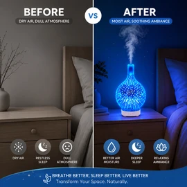 3D Glass Aroma Diffuser for Bedroom Decor – Vase-Style Ultrasonic Humidifier with Colorful Night Light