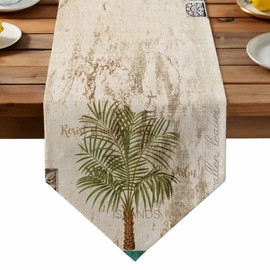 Vintage Palm Trees Table Runner Linen Burlap Table Runner 60 Inches Long Summer Tropical Botanical Beige Burlap Dresser Scarves for Kitchen Island Coffee Dining Room Party Holiday Decoration 13"x60"