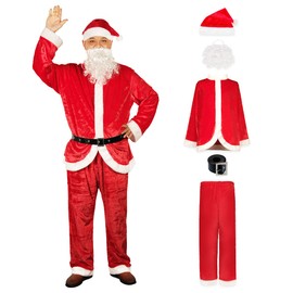 KLLOUZE Christmas Santa Claus Suit, Adult Men's Santa Costume, Xmas Classic Flannel Cosplay Clothes, Santa Fancy Suits Outfit (red 5pcs)
