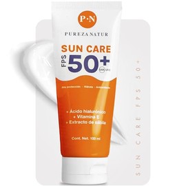 PUREZA NATUR Protector solar facial FPS 50+ con Acido Hialurónico. Vitamina E + Extracto de sábila | Crema protectora contra rayos UVA UVB hidrata la piel y protege, bloqueador textura ligera 100ml