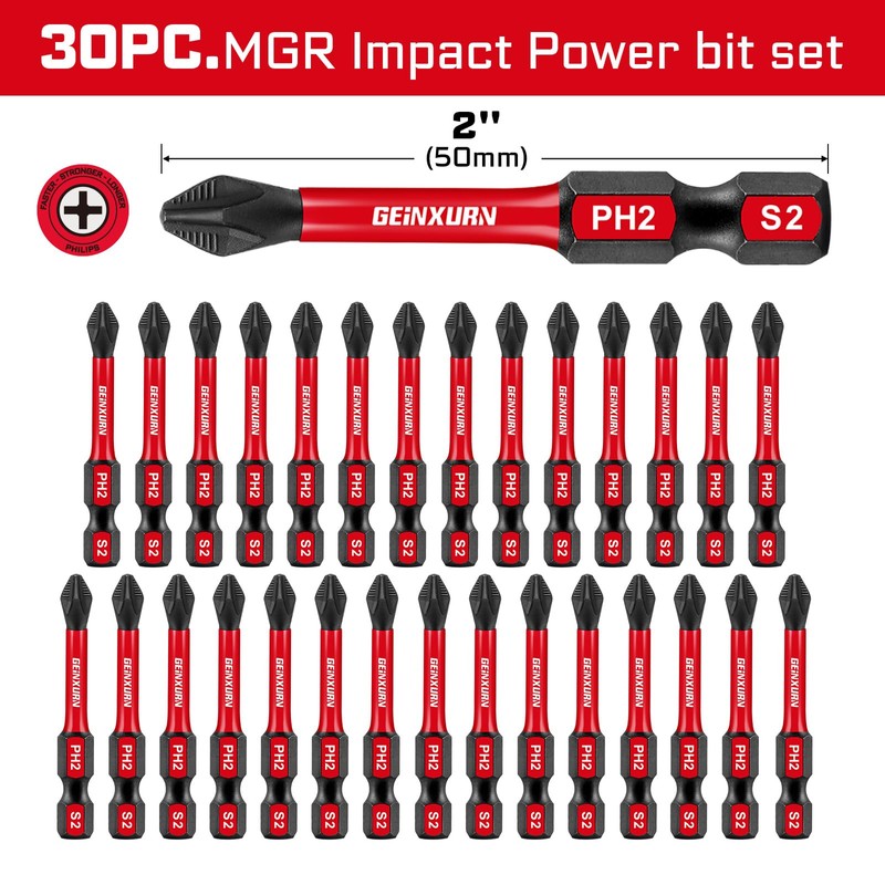 Geinxurn 30Pieces Magnetic #2 Phillips 2 in. Hex Anti-Slip Screwdriver