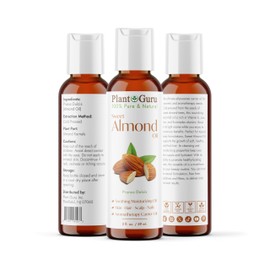 Plant Guru Sweet Almond Oil 2 fl. oz. Cold Pressed Carrier 100% Pure Natural For Skin, Body, Face, and Hair Growth Moisturizer. Great For Creams, Lotions, Lip balm and Soap Making