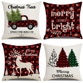 Whiosyrt Merry Christmas Throw Pillow Covers 18x18 Inch Set of 4 Xmas Trees Truck Buffalo Plaid Farmhouse Decorative Cushion Cases for Home Decoration Christmas Pillows