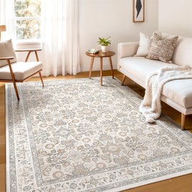 WITSHOCK Washable Area Rug, 5x7 Area Rugs for Living Room Bedroom Kitchen Rugs, Vintage Boho Accent Kitchen Rugs Non Slip Washable Stain Low Pile Resistant Floor Carpet, Indoor Entryway Rug, Camel