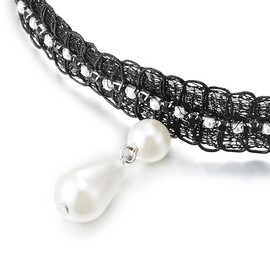 Womens Black Rhinestones and Pearls Choker Necklace with Charm Pendant Of Teardrop White Pearl(CA)