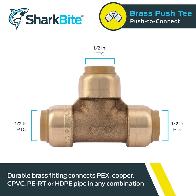 SharkBite 1/2 Inch Tee, Push to Connect Brass Plumbing Fitting,